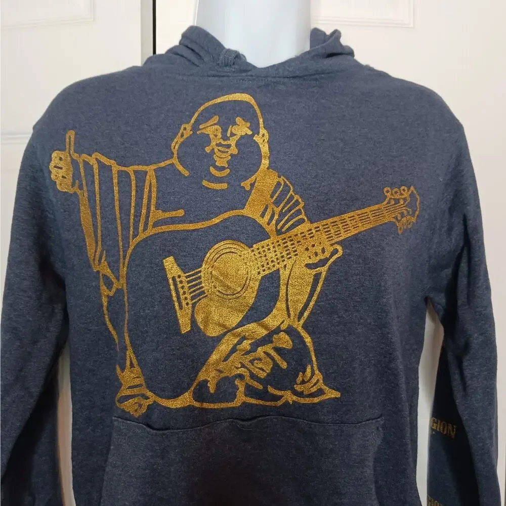 True Religion Blue and Gold Buddha Logo Pullover Hoodie